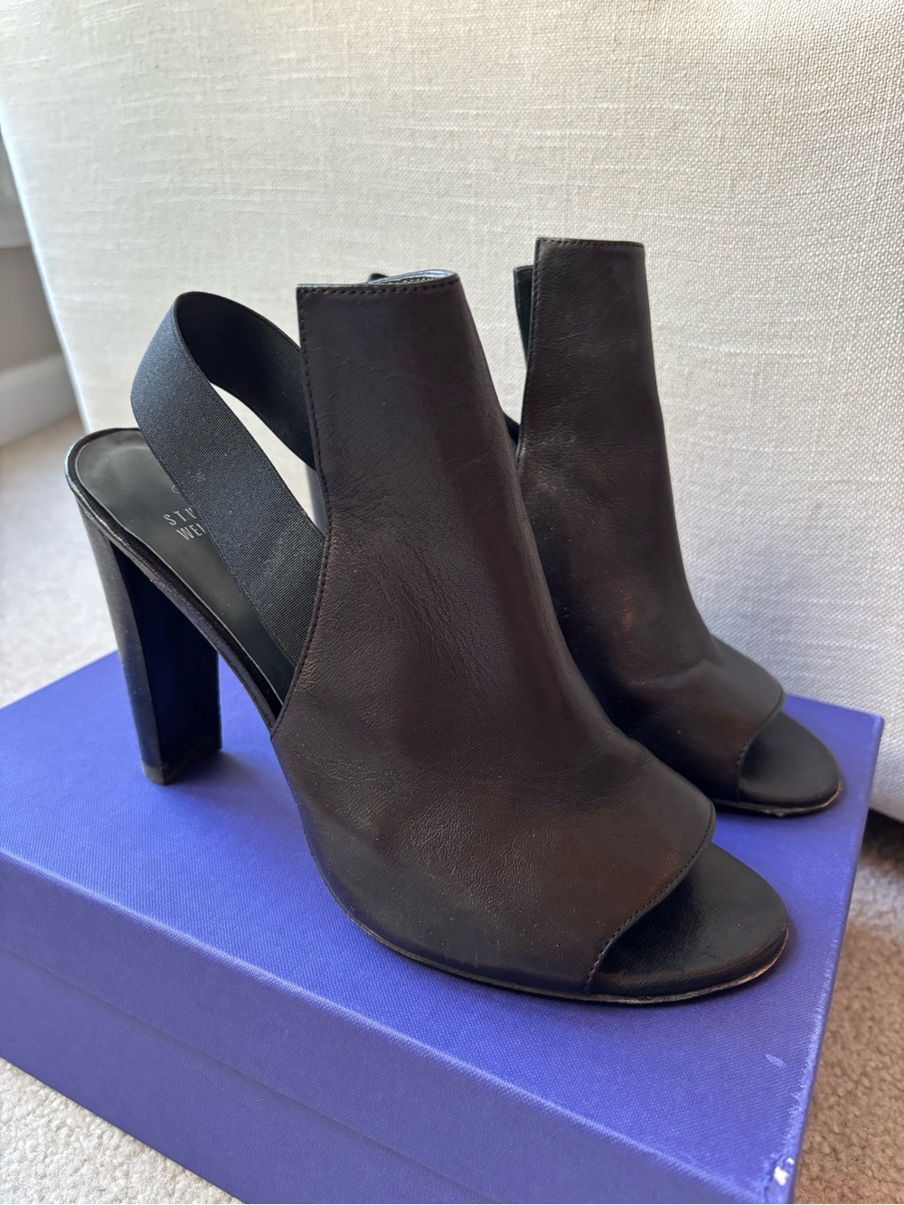 Stuart Weitzman Fronton Black Open-Toe Slingback High Heels